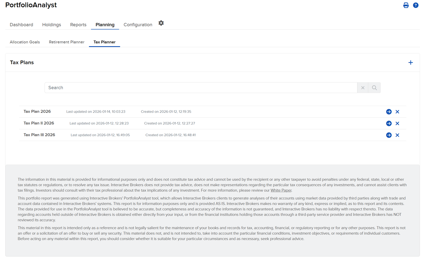 The tax planner for advisors list of tax plans in portal. 